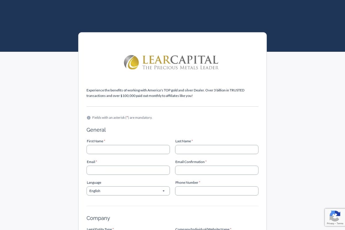 Lear Capital affiliate program signup page