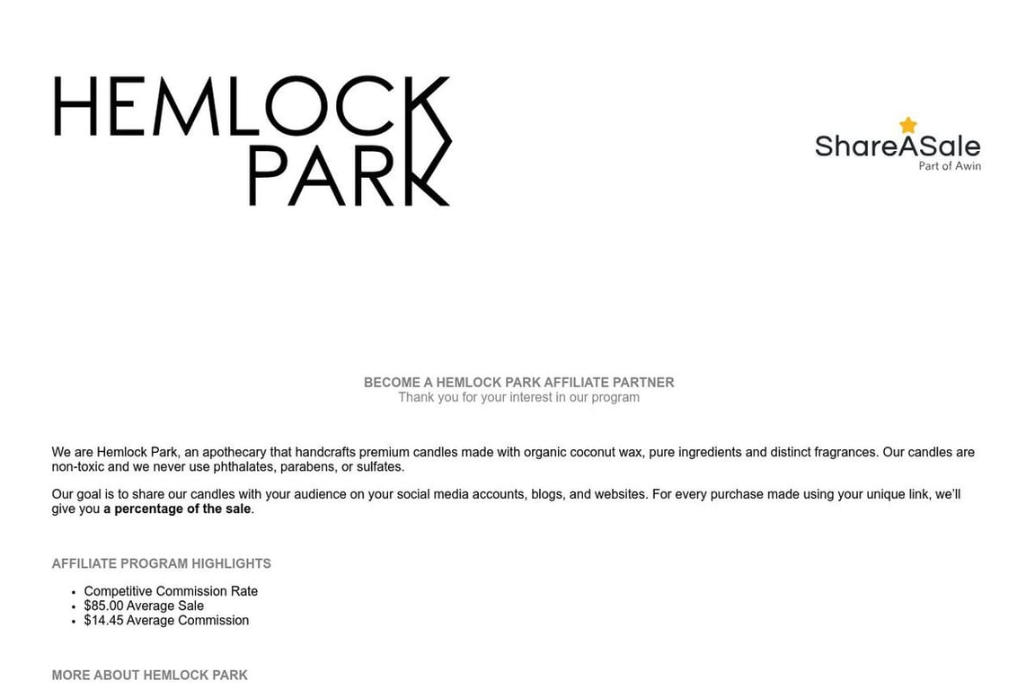 Hemlock Park affiliate program signup page