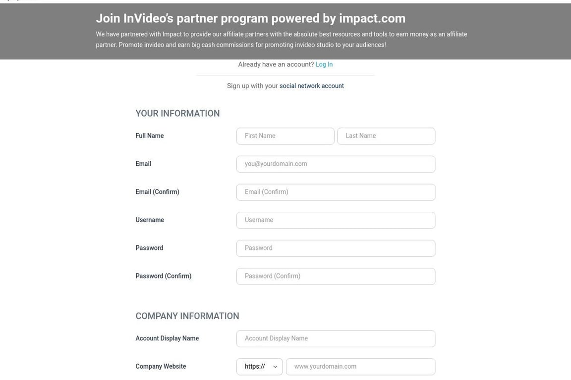 InVideo affiliate program signup page