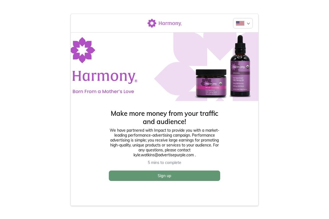 Palmetto Harmony CBD affiliate program signup page