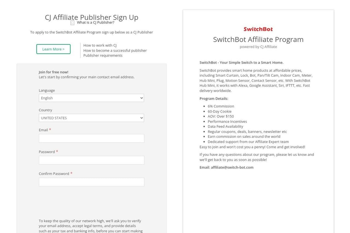SwitchBot affiliate program signup page