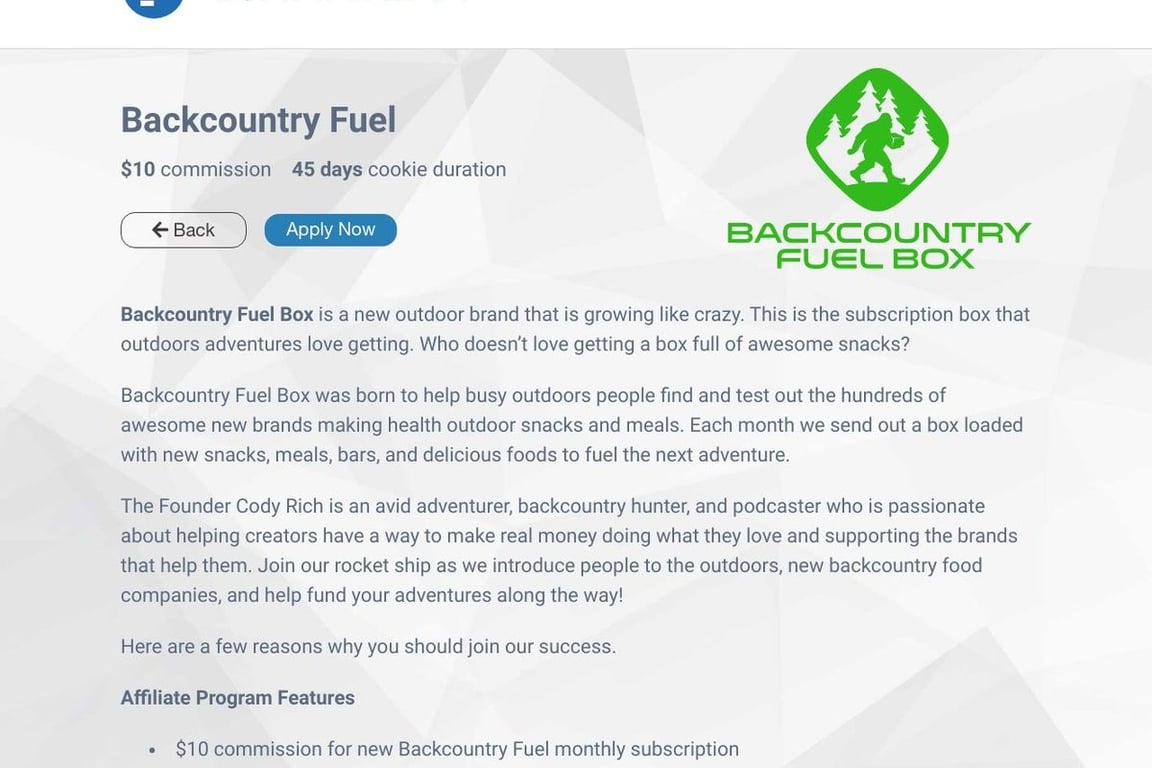 Backcountry Fuel Box affiliate program signup page