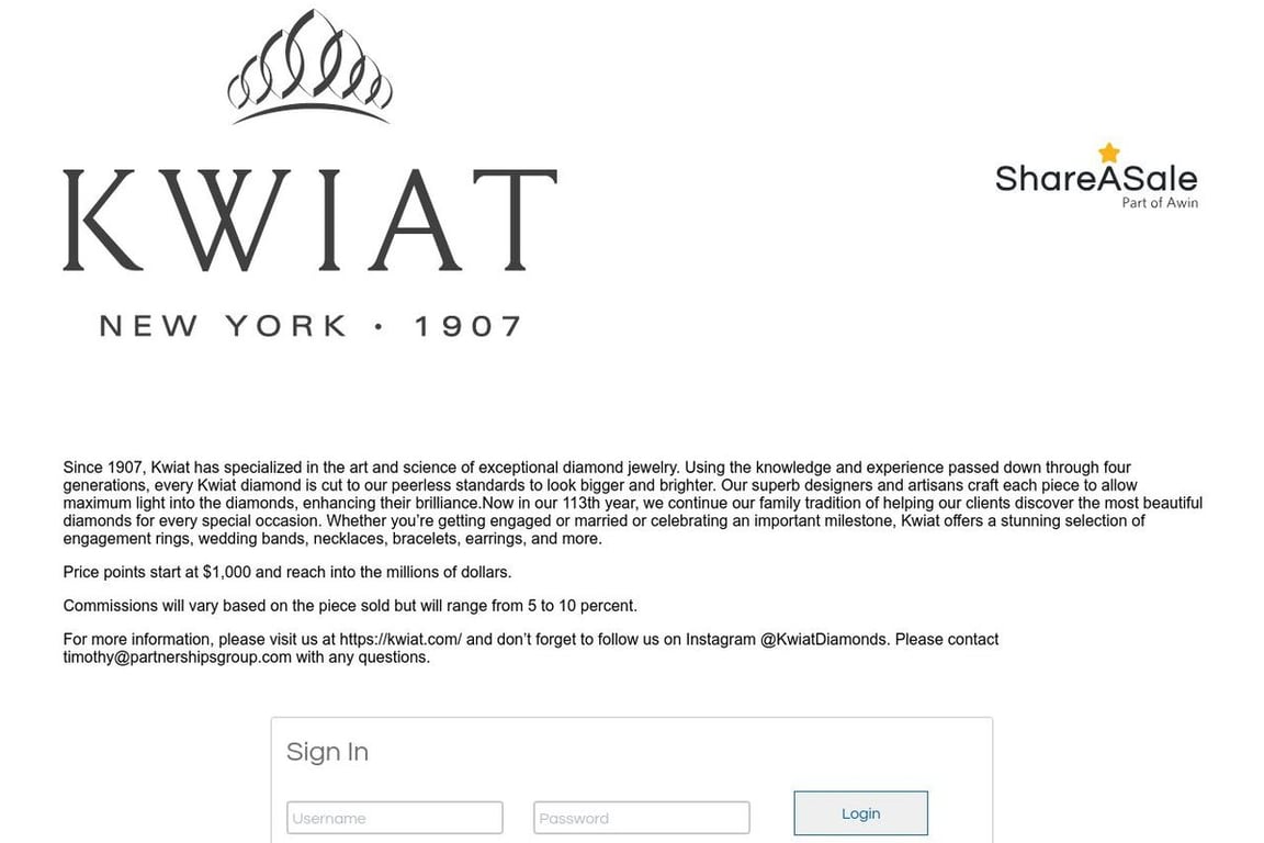 Kwiat affiliate program signup page