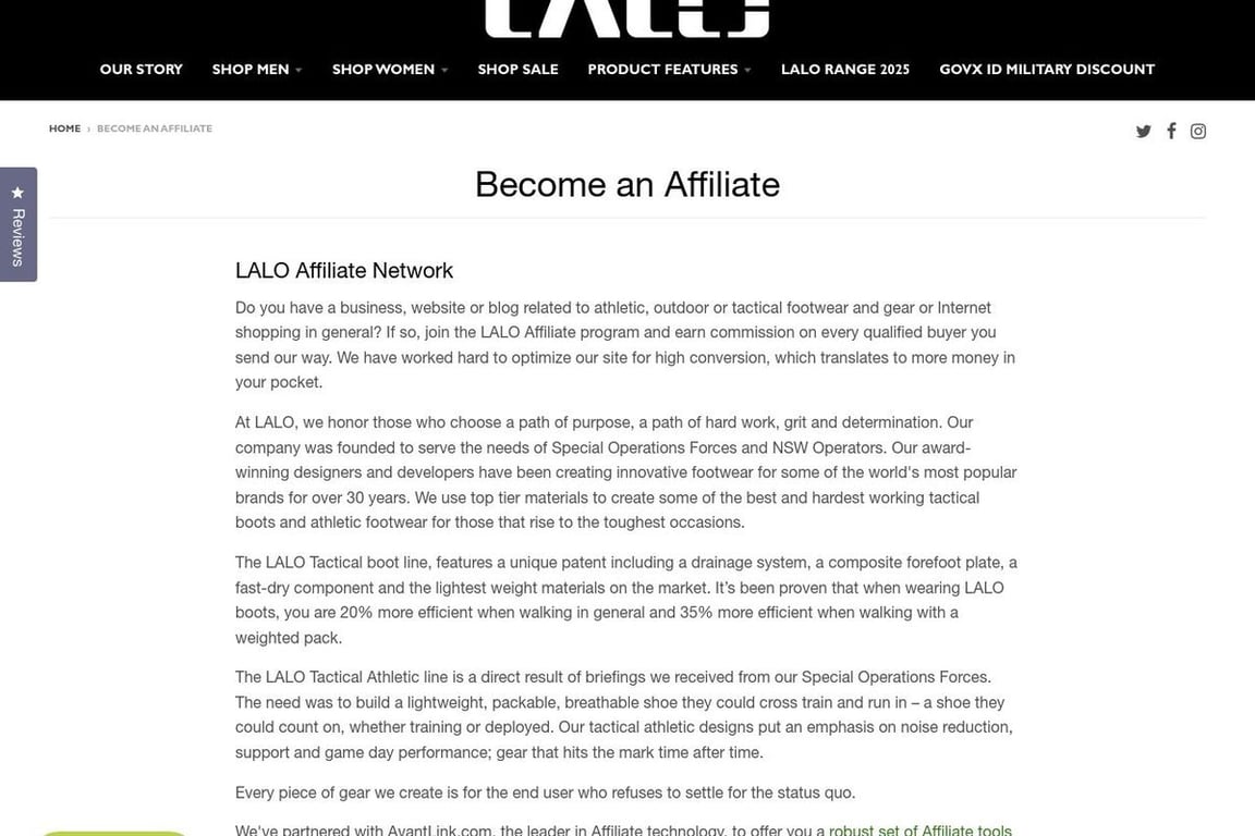 LALO Tactical affiliate program signup page