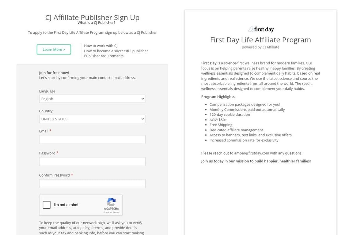 First Day Life affiliate program signup page
