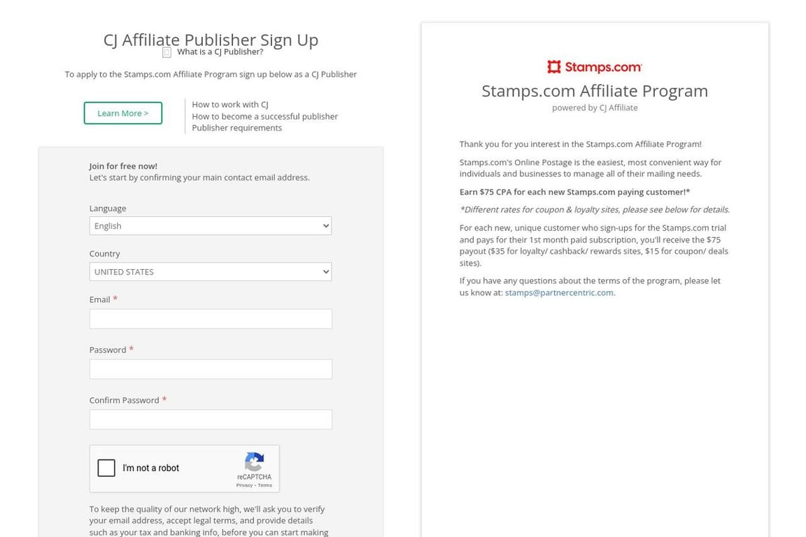 Stamps.com affiliate program signup page