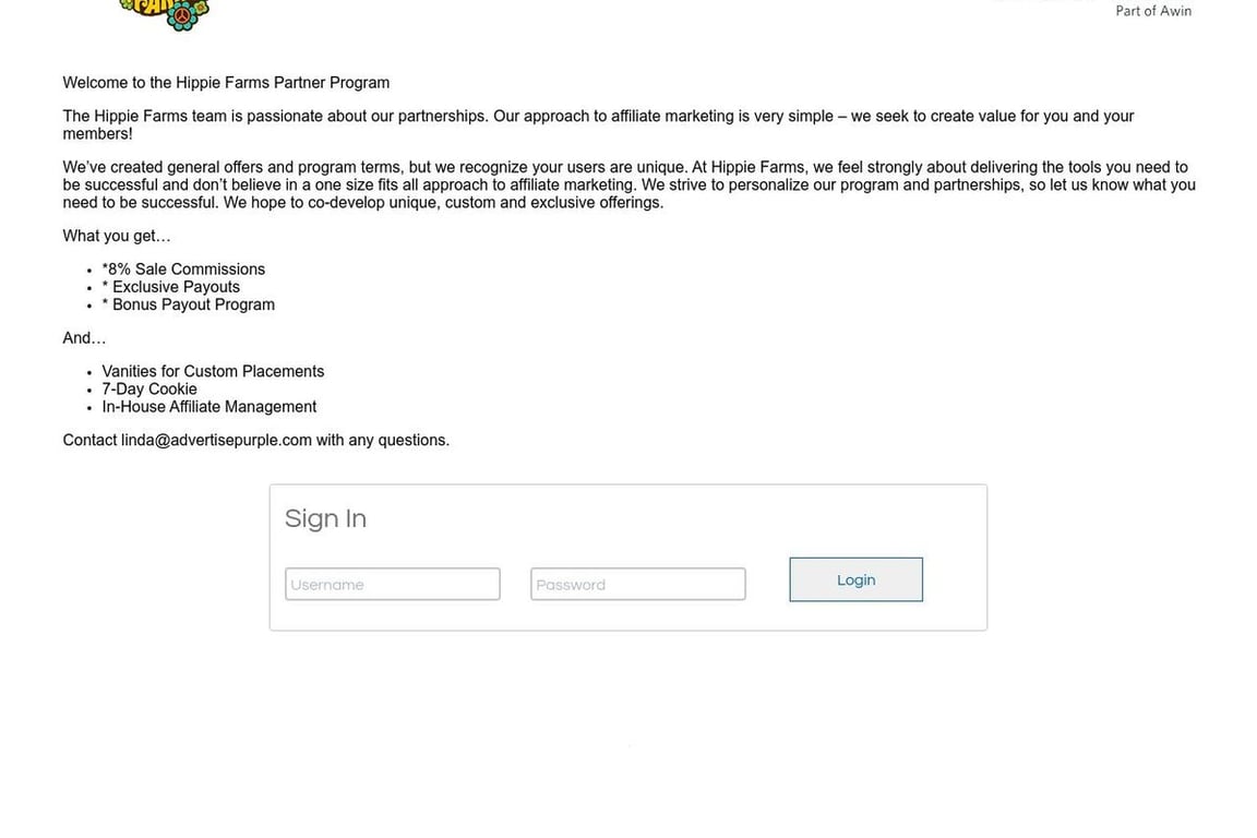 Hippie Farms affiliate program signup page