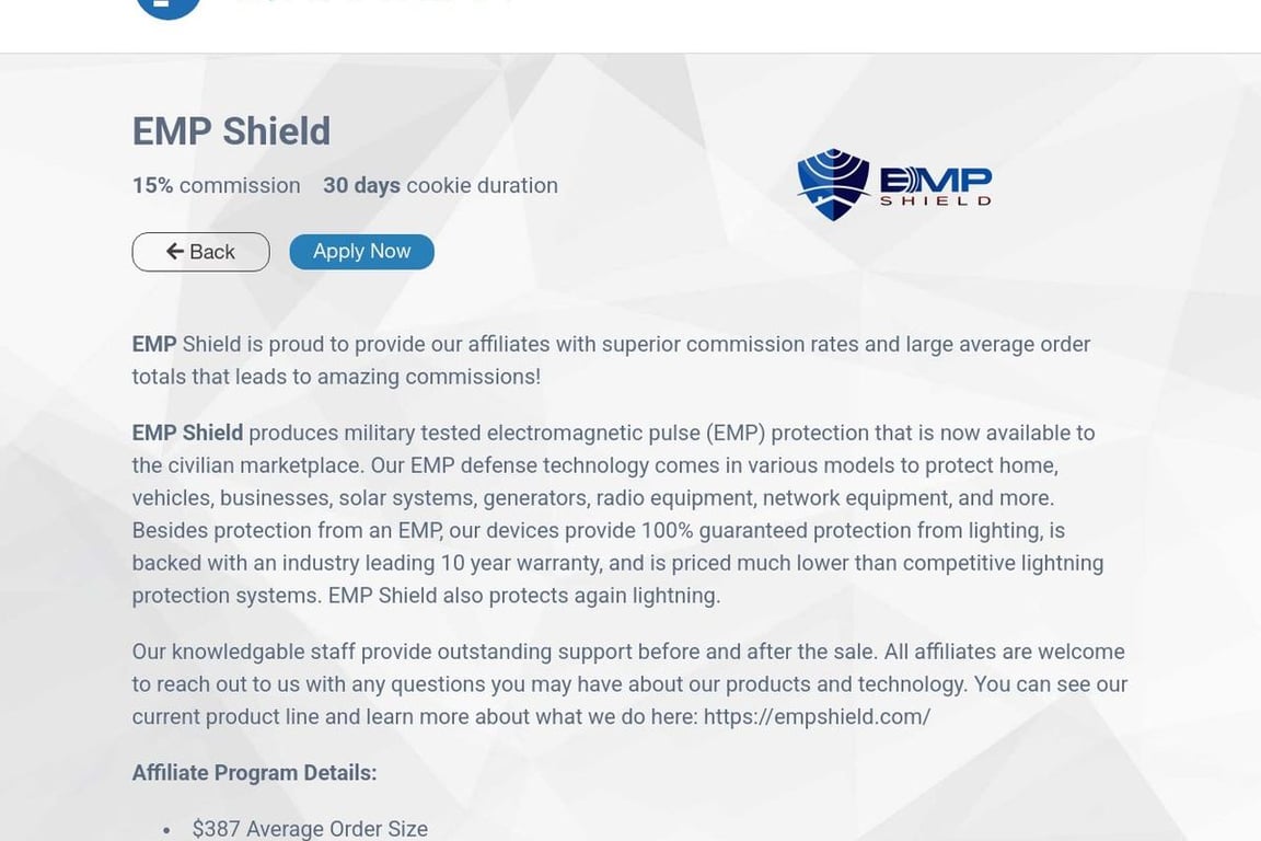 EMP Shield affiliate program signup page
