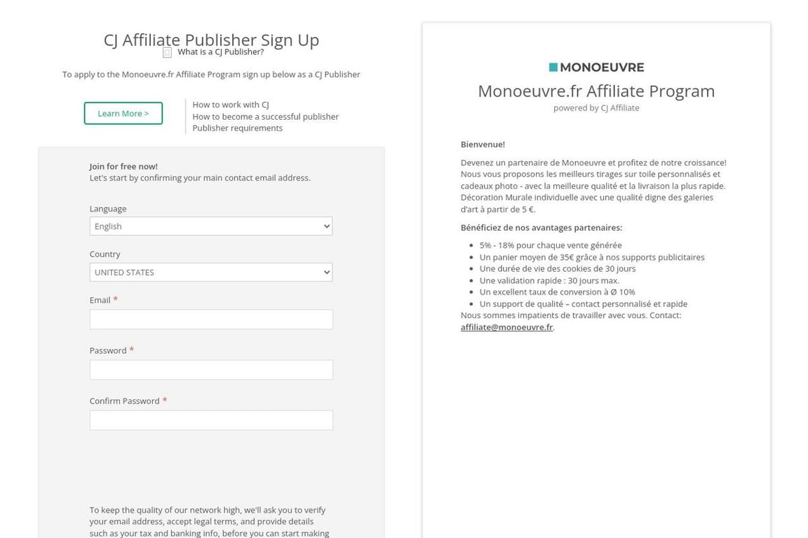 Monoeuvre affiliate program signup page