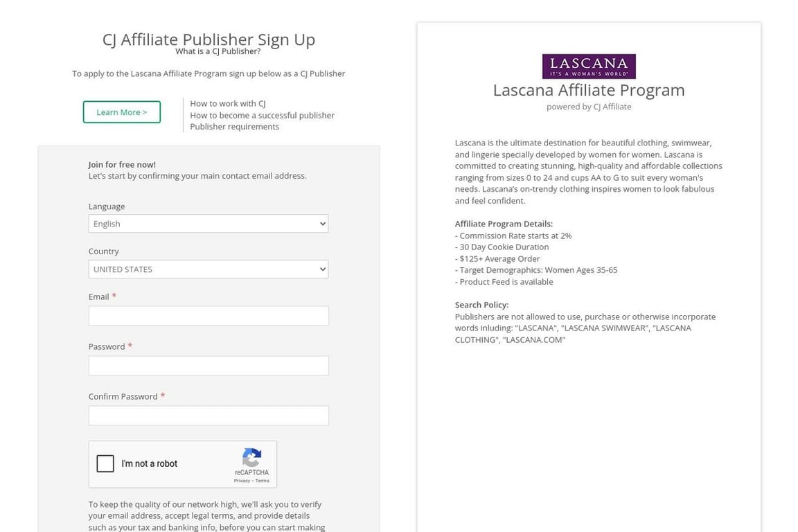 Lascana affiliate program signup page