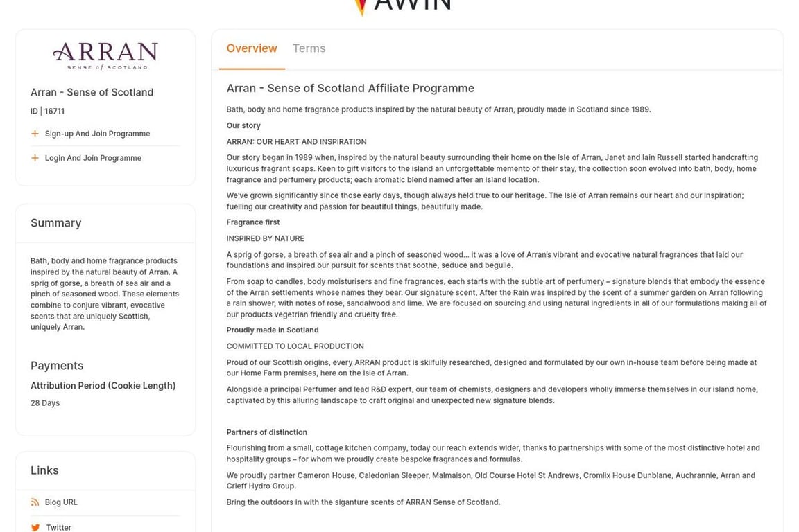 Arran – Sense of Scotland affiliate program signup page