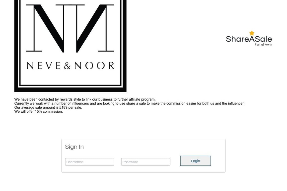 Neve & Noor affiliate program signup page
