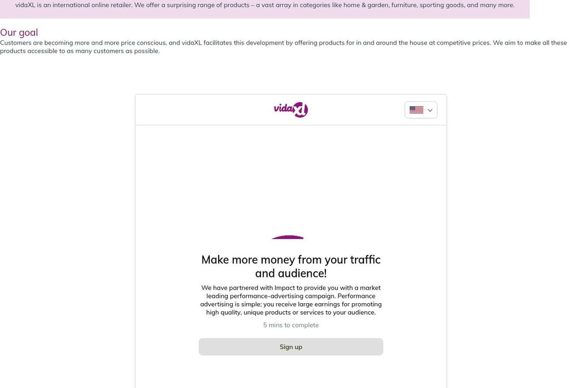 VidaXL affiliate program signup page