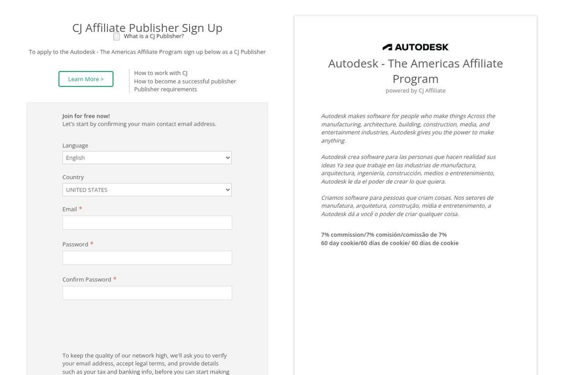 Autodesk affiliate program signup page
