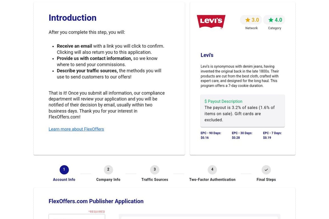 Levi’s affiliate program signup page