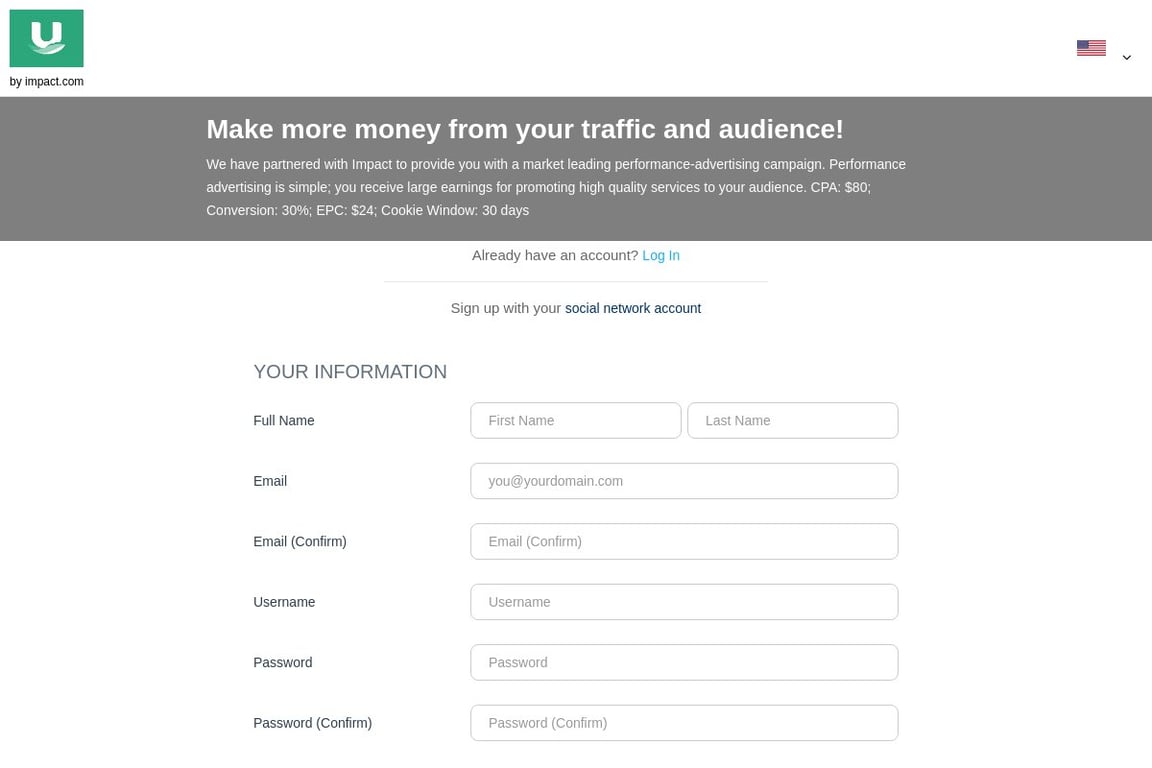 U-Nest affiliate program signup page