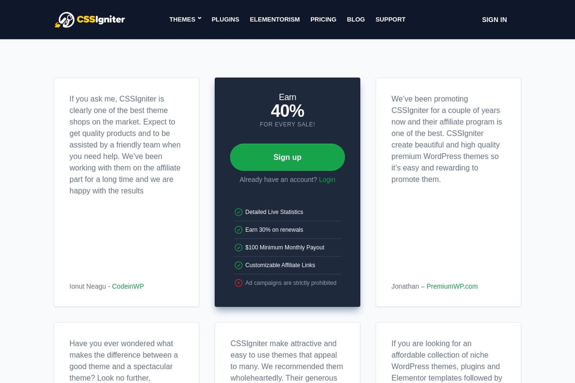 CSSIgniter affiliate program signup page