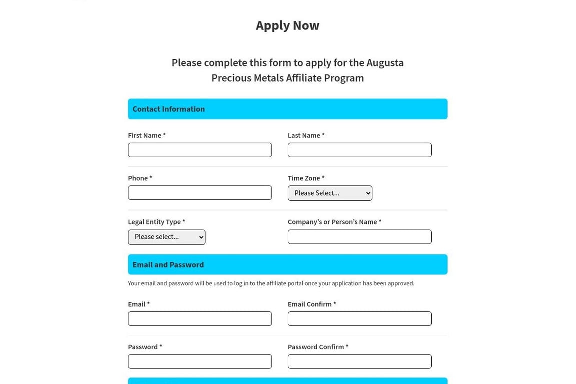 Augusta Precious Metals affiliate program signup page