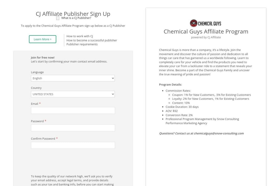 Chemical Guys affiliate program signup page