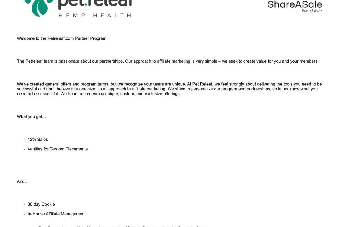 Pet Releaf affiliate program signup page