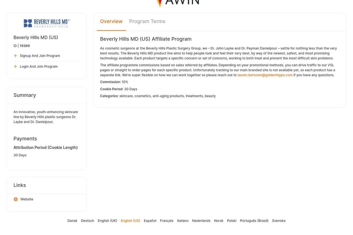 Beverly Hills MD (US) affiliate program signup page