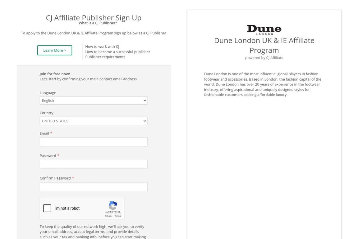 Dune London UK affiliate program signup page