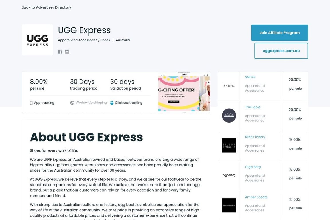 Ugg Express AU affiliate program signup page