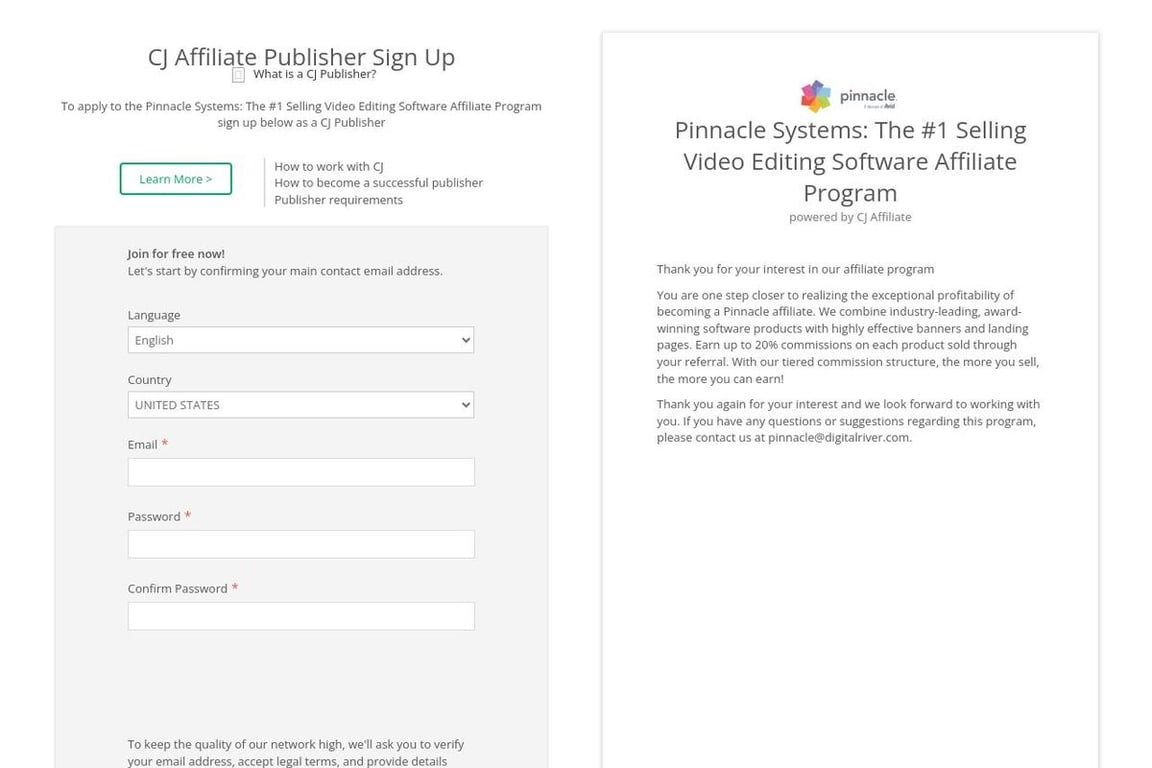Pinnacle System affiliate program signup page