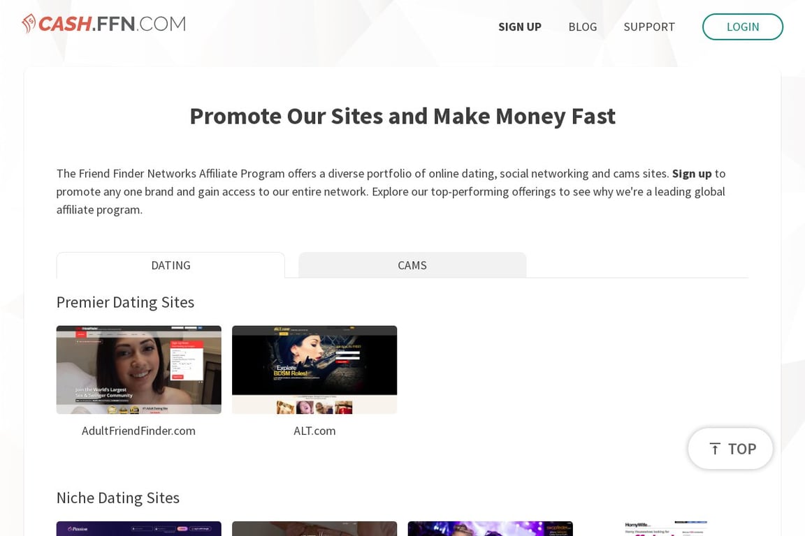 Adult FriendFinder affiliate program signup page
