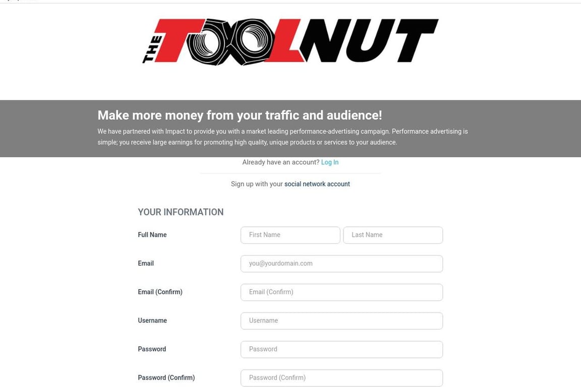 The Tool Nut affiliate program signup page
