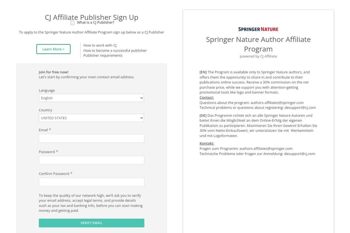 SpringerLink Shop affiliate program signup page