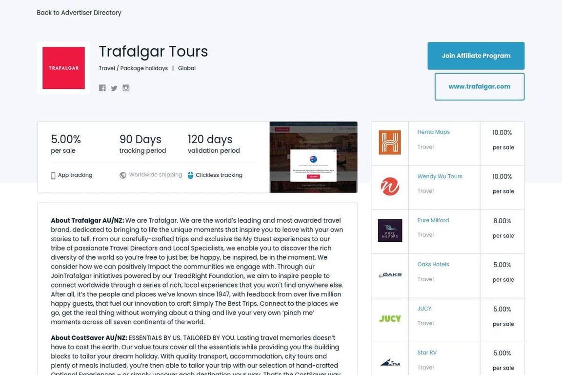 Trafalgar Tours AU affiliate program signup page