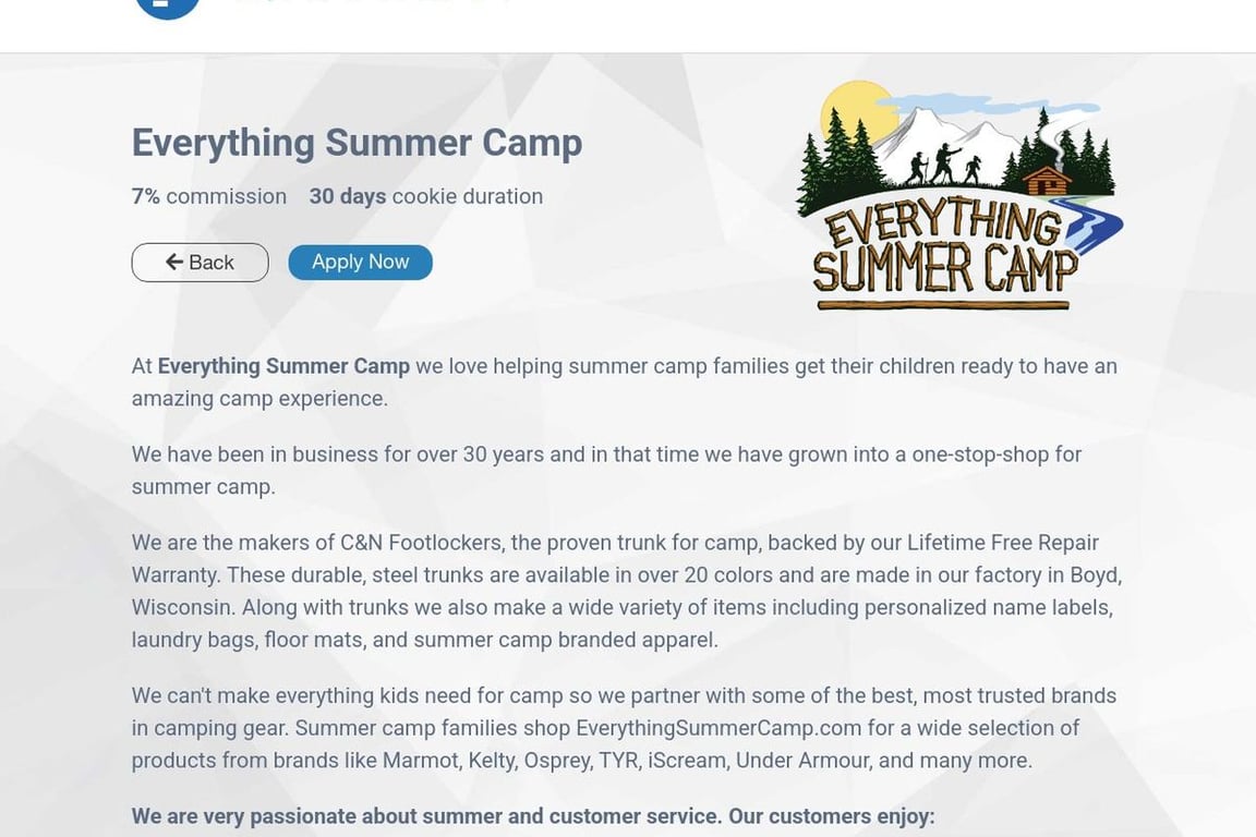 Everything Summer Camp affiliate program signup page