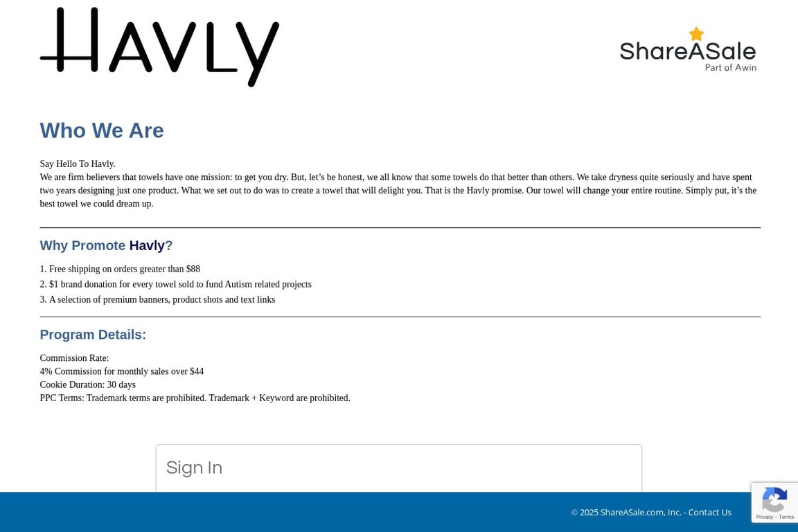 Havly affiliate program signup page