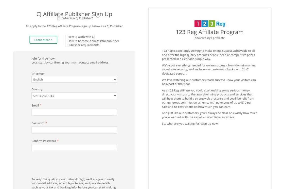123 Reg affiliate program signup page