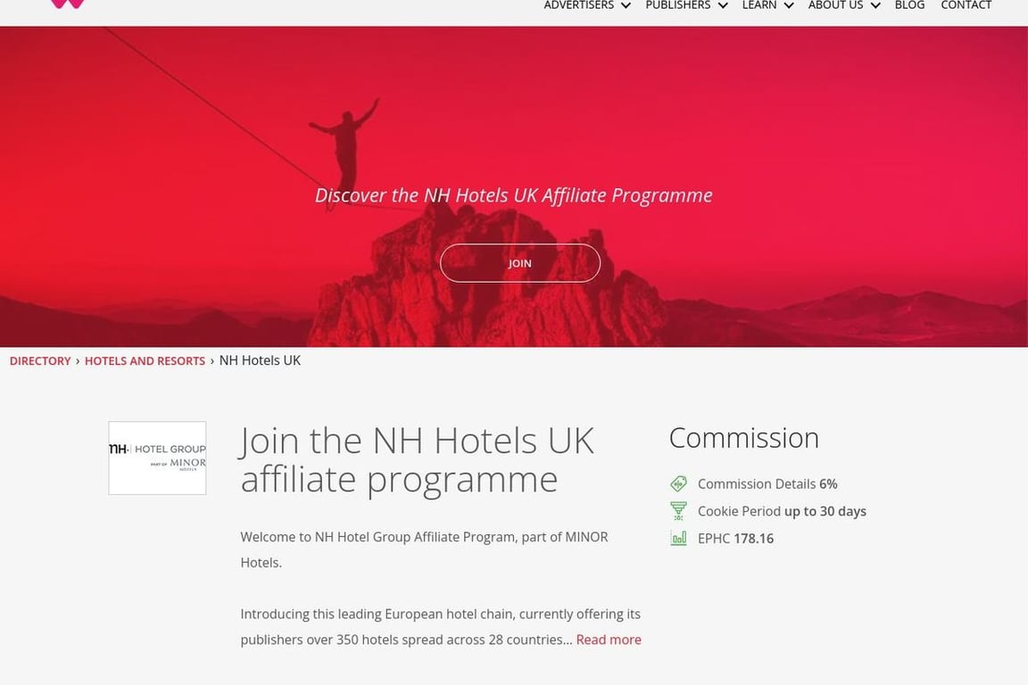 NH Hotels UK affiliate program signup page