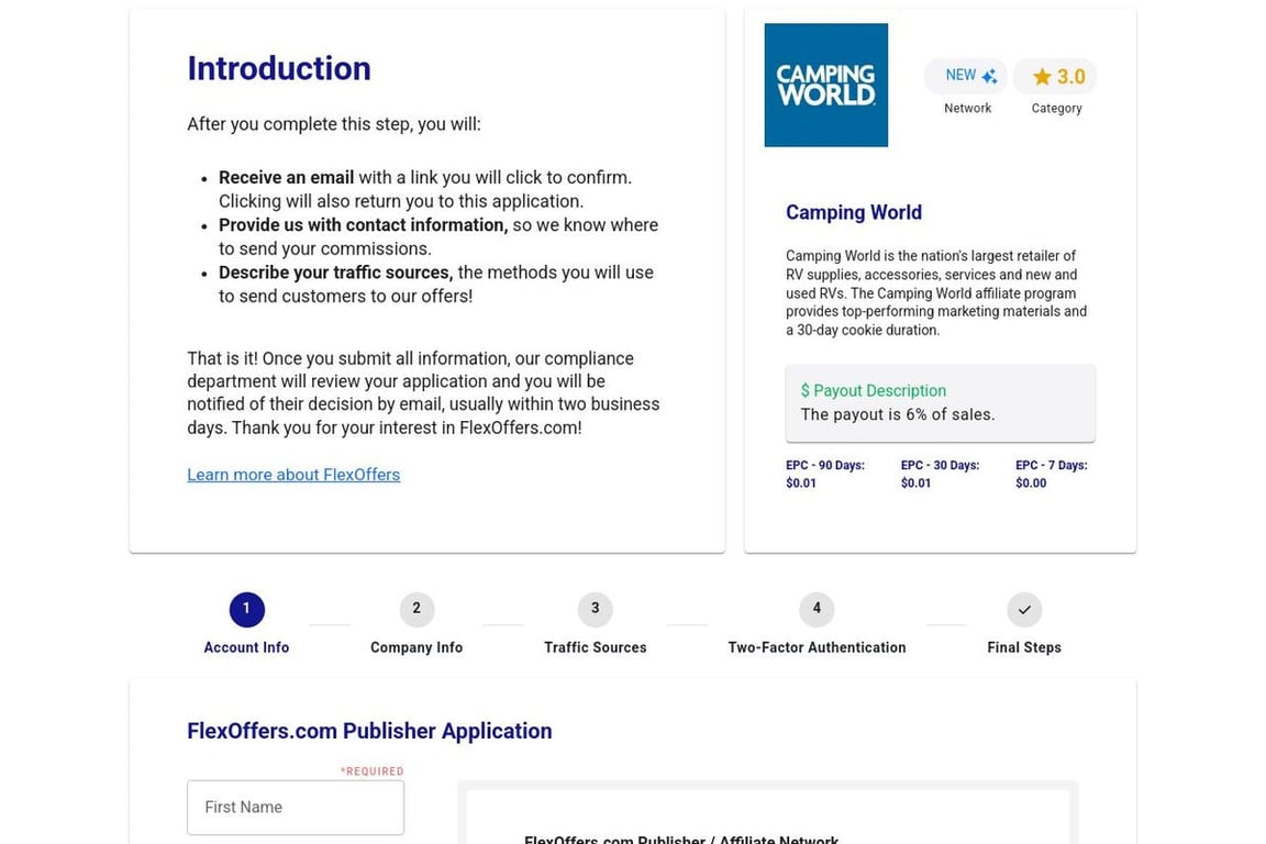 Camping World affiliate program signup page