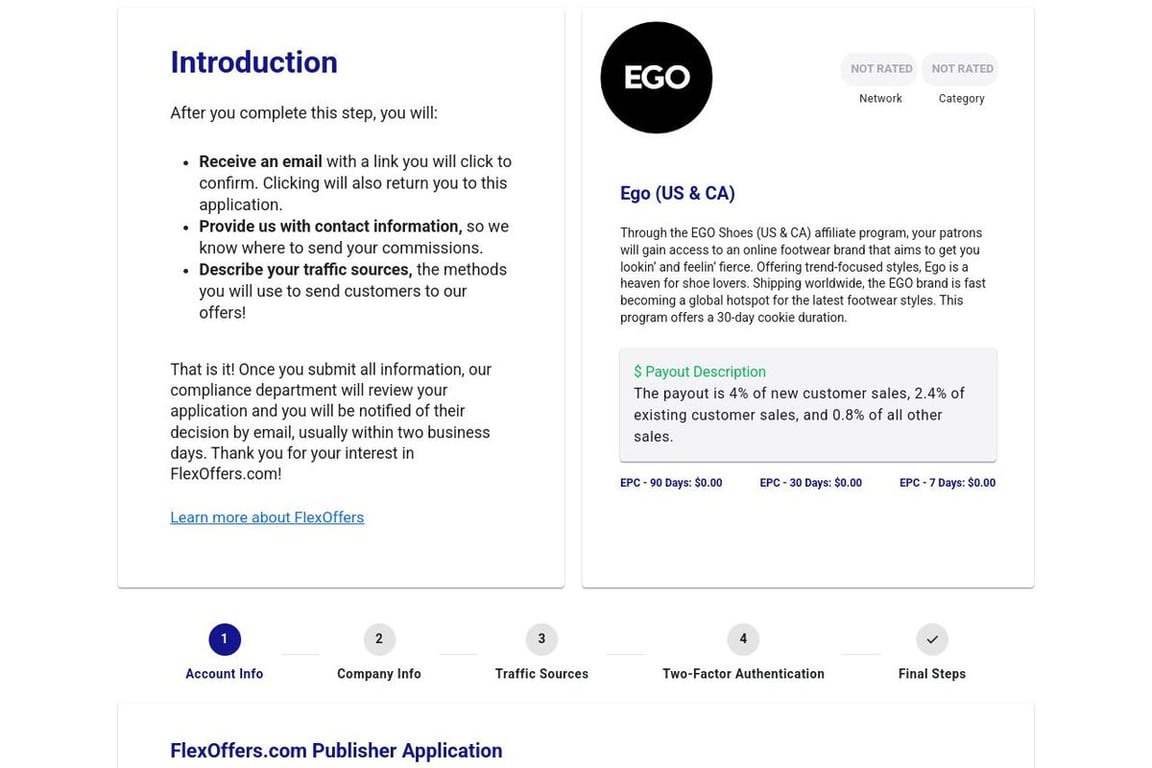 Ego Shoes (US & CA) affiliate program signup page