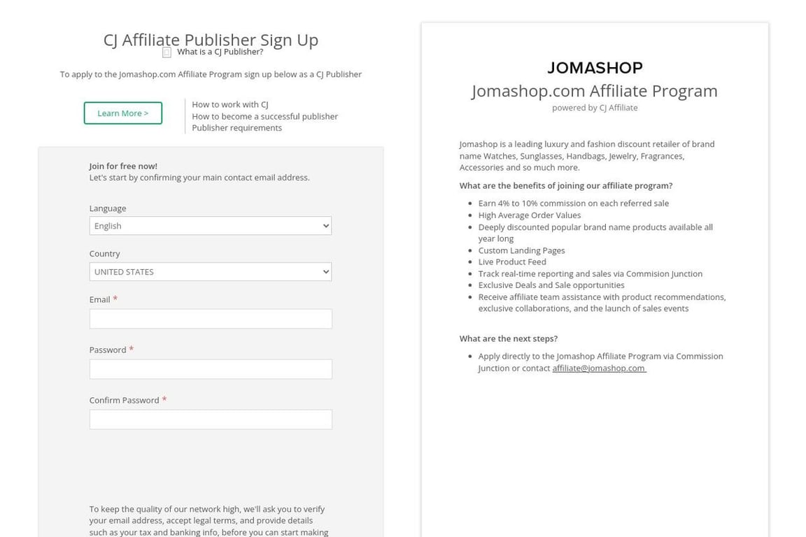 Jomashop.com affiliate program signup page