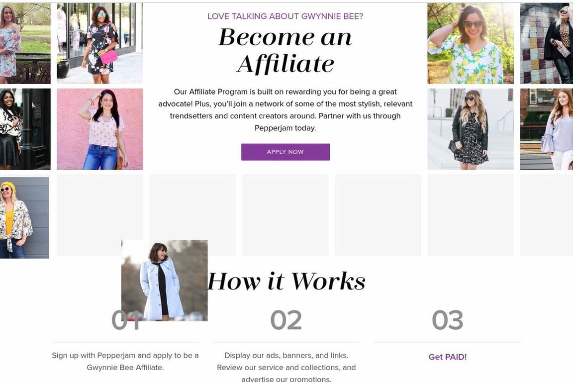 Gwynnie Bee affiliate program signup page