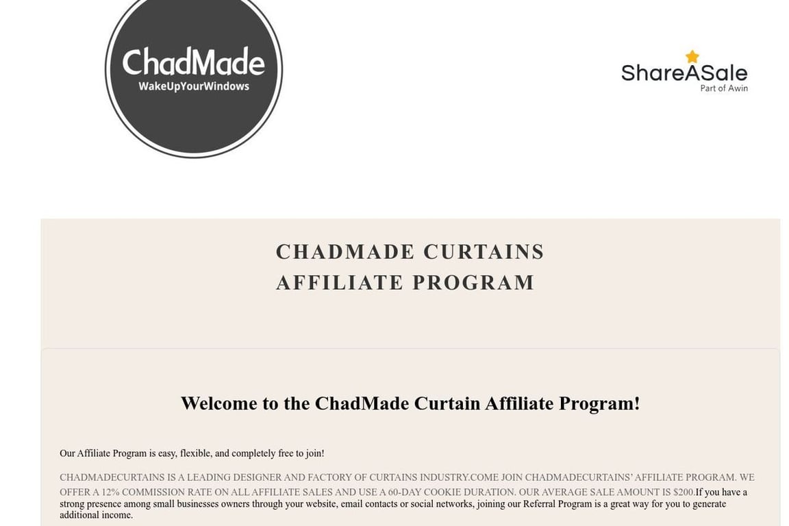 ChadMadeCurtains affiliate program signup page