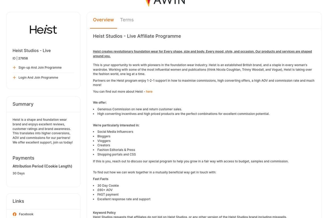 Heist Studios UK affiliate program signup page