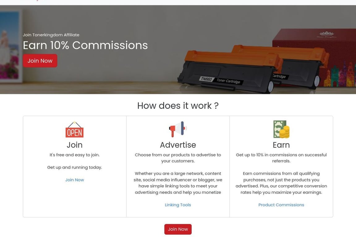 Toner Kingdom affiliate program signup page