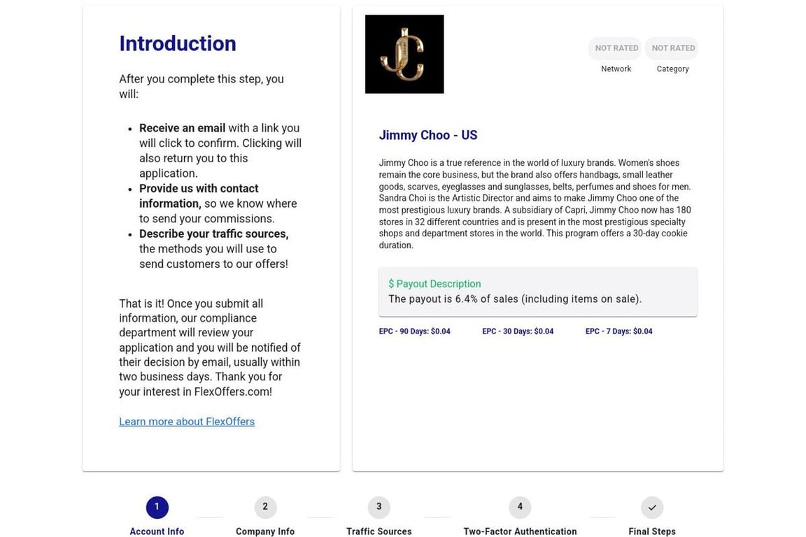 Jimmy Choo – US affiliate program signup page