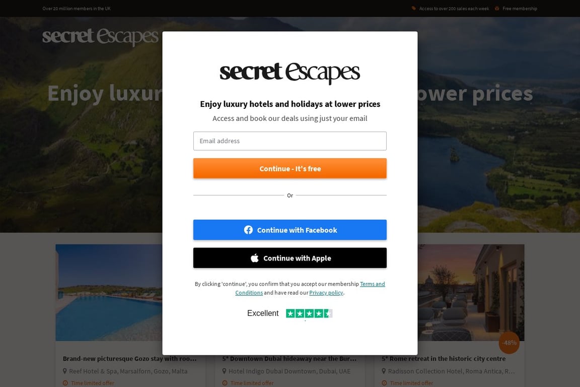 Secret Escapes UK homepage