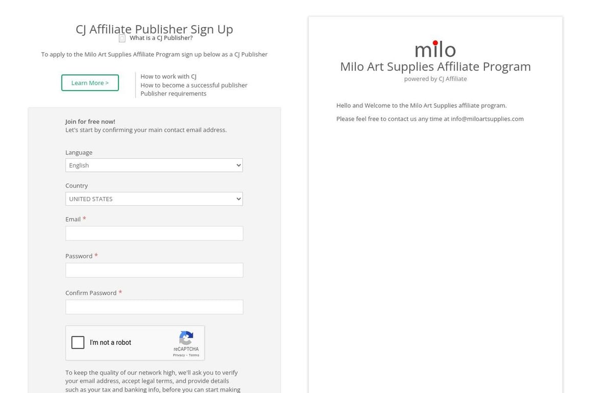 Milo Art Supplies affiliate program signup page