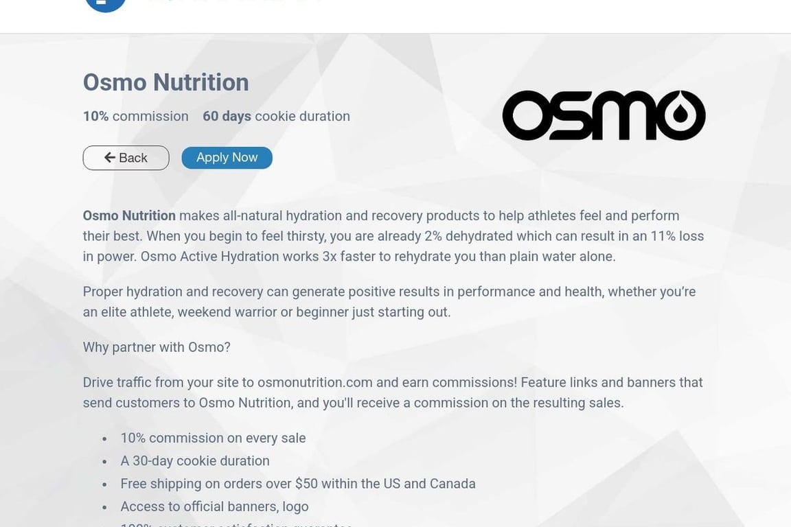 Osmo Nutrition affiliate program signup page