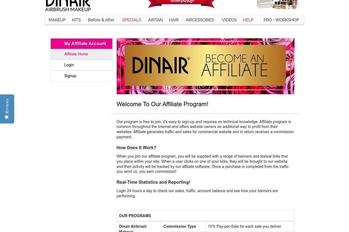 Dinair Airbrush Makeup affiliate program signup page