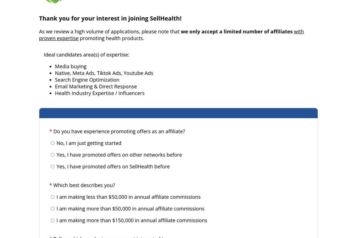 SellHealth affiliate program signup page