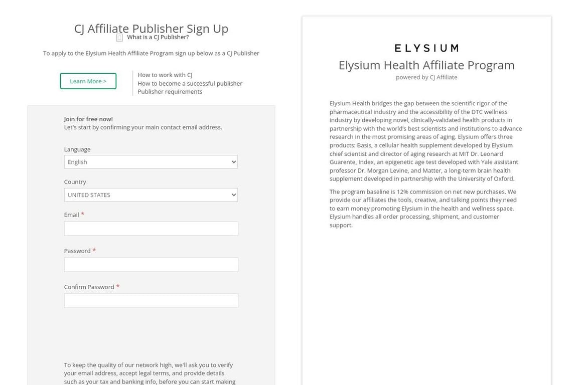 Elysium Health affiliate program signup page